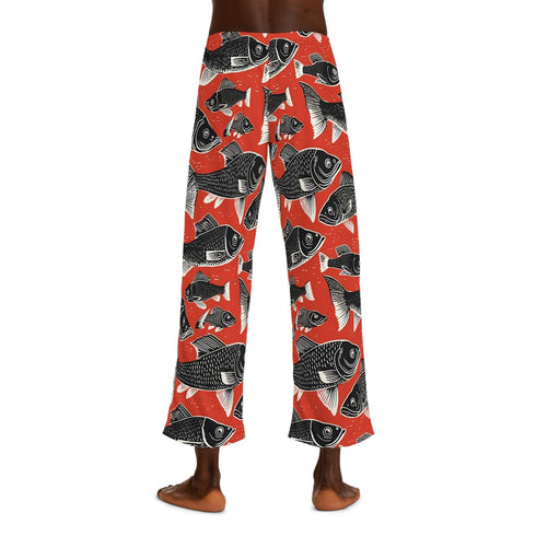 Men's Pajama Pants featuring a captivating fish pattern against a vibrant red background. Fish Pattern Sleepwear. Pajama gift.