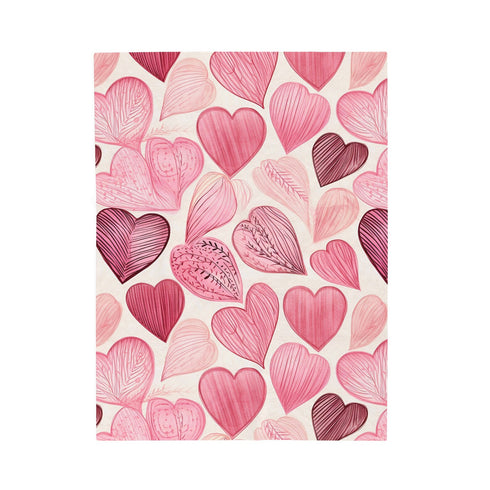 Pink Wooden Hearts Velveteen Plush Blanket, Available in three sizes: 30x40", 50x60", 60x80". Gift for her.